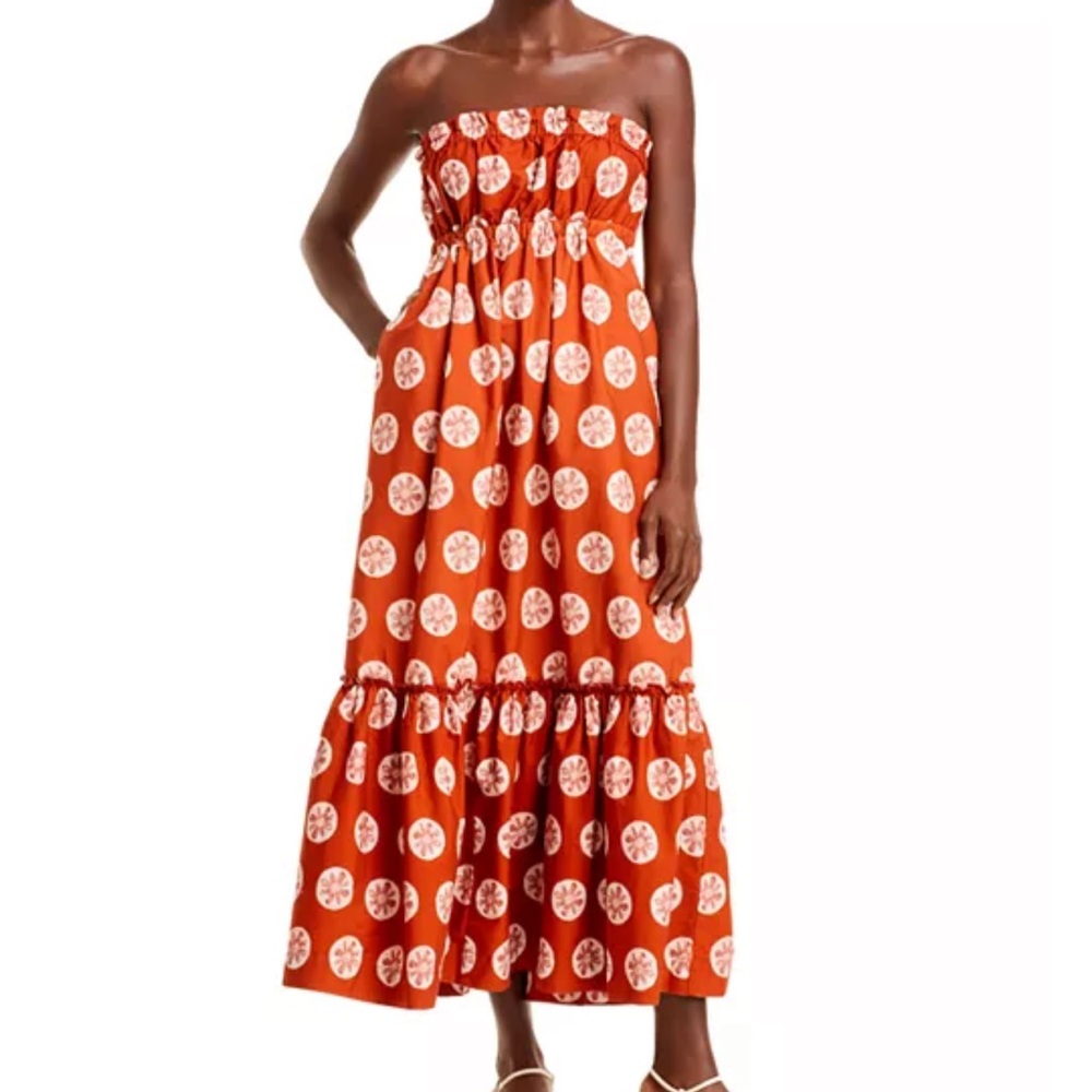 Free People Leanna Strapless Ruffle  Maxi Dress rust white Pullover Cotton S